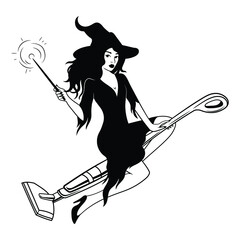  Illustration witch flying on a vacuum cleaner. Portrait of sexy mythical characters for Halloween. Magic female in witch hat .