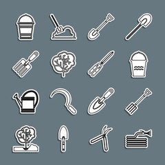 Set line Garden hose or fire hose, pitchfork, Bucket, shovel, Tree, and Gardening handmade scissor icon. Vector
