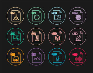 Set line WAV file document, AI, JPG, GIF, OBJ, PSD and icon. Vector