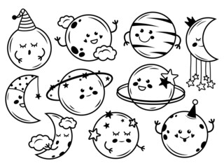 Set of cute boho moons. Collection of phases baby moon with clouds. Baby shower invitation. Sweet dreams. Vector illustration of sleeping moon on white background.