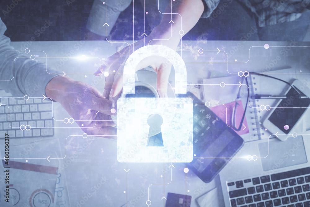 Poster double exposure of man and woman working together and lock hologram drawing. security concept. compu