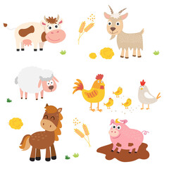 Farm animals. Cow, horse, pig, goat, sheep, chicken, chickens, rooster.