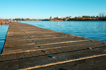 pontoon. pontoon on the shore of a lake. photo during the day. detail.