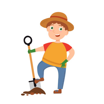 Funny farmer. A boy and a shovel.
