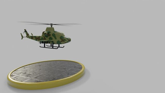 Animate 3D Render animation helicopter on gray background, Ready to go crash concept, abstract soldier helicopter to help something else. going to fight for freedom business concept.