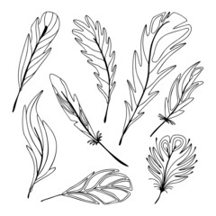 Set of hand drawn bird feathers isolated on a white background. Doodle, simple outline illustration. It can be used for decoration of textile, paper and other surfaces.