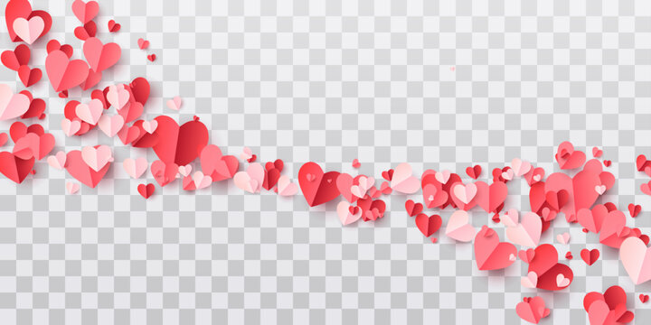 Valentines hearts postcard. Paper flying elements on transparent background. Vector symbols of love in shape of heart for Happy Women's, Mother's, Valentine's Day, birthday greeting card design. PNG	