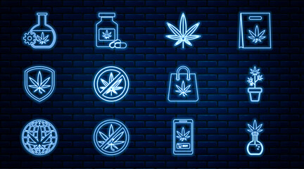 Set line Test tube with marijuana, Marijuana plant in pot, or cannabis leaf, Stop, Shield and, Shopping bag of and Medical bottle icon. Vector