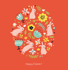 Easter card with bunny and flowers 