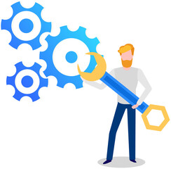 Businessman standing with spanner in hands. Manager adjusts some mechanism. Support and service concept. Setting options, maintenance, repair, concept. Man with wrench examining, fixing gears