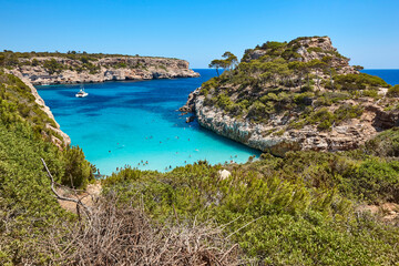 Turquoise waters in Mallorca. Moro beach. Mediterranean coastline. Balearic islands