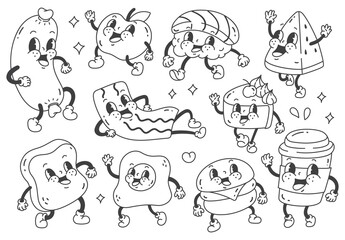 Set of food and drink in retro cartoon style illustration, vintage character vector art collection