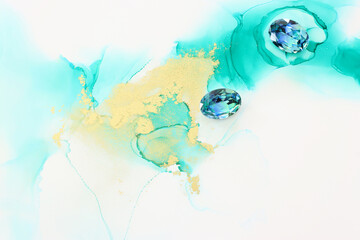 art photography of abstract fluid painting with alcohol ink, blue, turquoise and gold colors