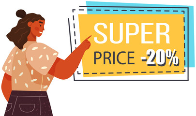 Super price banner. Sale and discounts up to. Hot offer poster with woman points to flyer. New arrival big sale and special offer. Black friday. Special advertising poster purchases with great savings