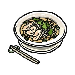 どんぶりに盛りつけられたフォーのイラスト。箸が添えられています。