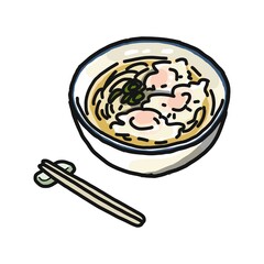 どんぶりに盛り付けられたワンタン麺のイラスト。箸が添えられています。