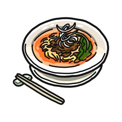 どんぶりに盛り付けられた担々麺のイラスト。箸が添えられています。