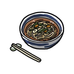 どんぶりに盛りつけられたかけそばのイラスト。箸が添えられています。