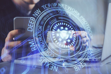 Multi exposure of man's hands holding and using a digital device and data theme drawing. Innovation concept.