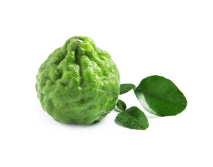 Fresh ripe bergamot fruit and green leaves on white background