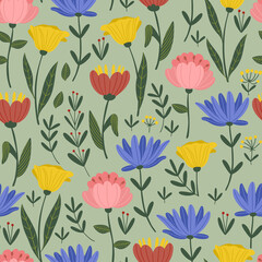 Flower field hand drawn vector seamless pattern, different spring flowers on a stem