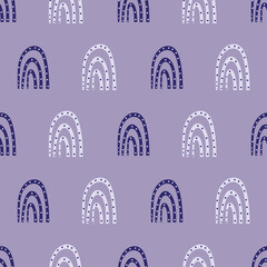 Vector dotted rainbow childish seamless pattern background. Periwinkle purple backdrop with hand drawn rainbows and dots. Geometric curved shapes weather symbol design. Fun repeat for kids, summer