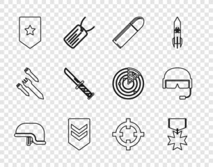 Set line Military helmet, reward medal, Bullet, Chevron, knife, Target sport and icon. Vector