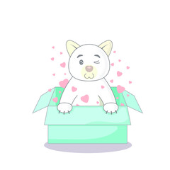 Cute white cartoon cat in a green box, pink hearts, flat vector, isolate on white background