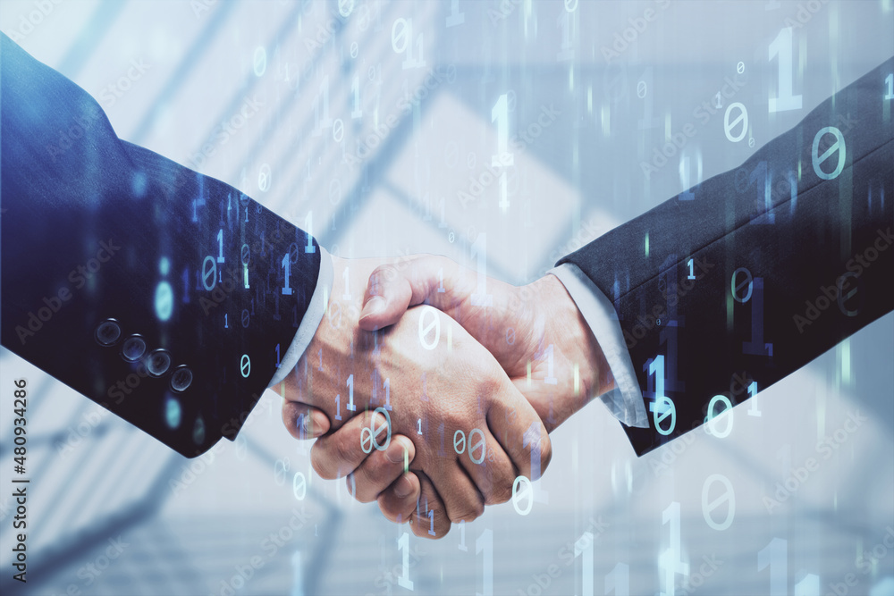 Poster double exposure of data theme hologram and handshake of two men. partnership in it industry concept.