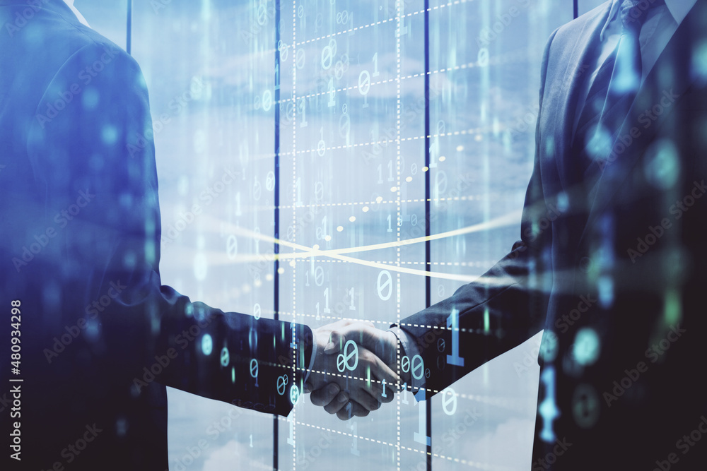 Poster double exposure of data theme hologram and handshake of two men. partnership in it industry concept.
