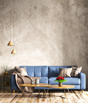 Interior design of modern room, blue sofa in living room, concrete stucco mock up wall, home design 3d rendering