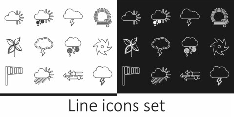 Set line Storm, Tornado, Pinwheel, Cloudy, with snow and rain and icon. Vector