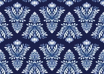 Zelfklevend Fotobehang Classical luxury old fashioned damask ornament, royal victorian floral baroque. Seamless pattern, background. Vector illustration on navy blue colors.  © Elen  Lane