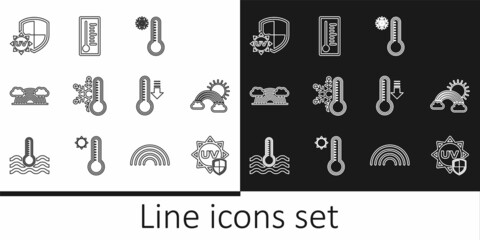 Set line UV protection, Rainbow with clouds and sun, Meteorology thermometer, Thermometer snowflake, and icon. Vector