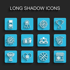 Set line Award cup with basketball ball, Heart, Basketball game ticket, Sports shop and, training and players icon. Vector
