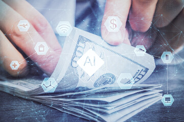 Double exposure of technology drawing hologram and us dollars bills and man hands. Data concept