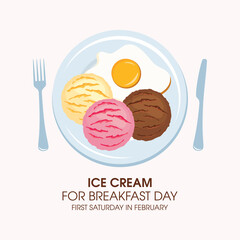 Ice Cream for Breakfast Day vector. Scoop of ice cream and fried egg on a plate vector. Eat ice cream for breakfast. Fun Food Holiday in February
