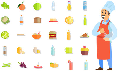 Male pastry chef holding bowl and whisk. Smiling man in apron preparing dessert near food, products icons. Confectioner whips ingredients for dish. Chef works with kitchen equipment to prepare food