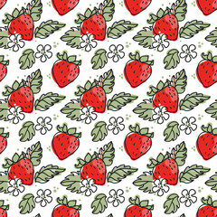 Strawberry and flowers, summer fruits. Floral pattern. Vector.