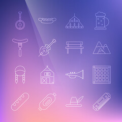 Set line Harmonica, Checkered napkin, Mountains, Massive steel chandelier, Violin, Sausage the fork, Banjo and Bench icon. Vector