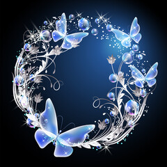 Fairytale background with magical butterflies and bubbles, floral ornament and sparkling stars. Round fantasy frame consists of transparent iridescent balls and copy space.