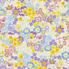 Variety Spring Garden flower hand drawn vector seamless pattern. Vintage Romantic Liberty inspired Petite floral ditsy print. Bloomy calico background for fashion fabric or home textile