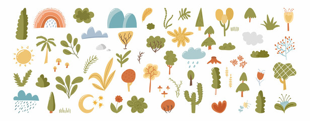 Big park plants flat clipart collection isolated on white. Forest tree, tropical nature, botanical set vector illustration. Scandinavian Wild flowers