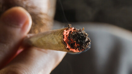 Smoking marijuana joint. Cannabis cigarette burning and a smoke cloud. - obrazy, fototapety, plakaty