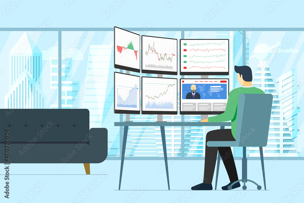 Poster stock market male trader in office looking at multiple computer screens with financial charts, diagr