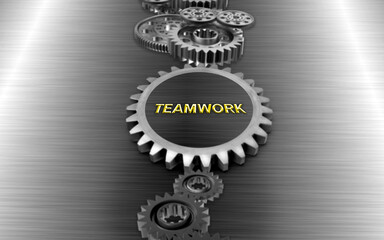 Fototapeta na wymiar Teamwork Text On Gear Against Metallic Background