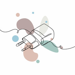 Continuous one simple single abstract line drawing of charger plugs icon in silhouette on a white background. Linear stylized.