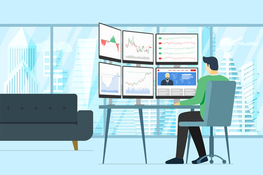 Stock Market Male Trader In Office Looking At Multiple Computer Screens With Financial Charts, Diagrams And Graphs. Business Index Analysis Concept. Man Broker Exchange Trading Vector Illustration