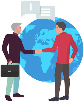 Concluding international transactions concept. People handshaking, agreeing on deal, personal helper, hotline support. Businessmen make deal, shaking hands, sign contract on background of planet