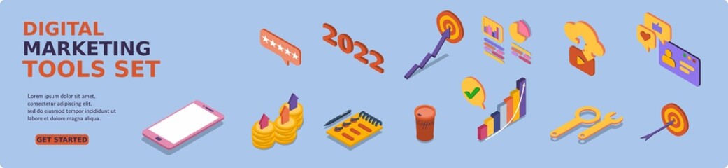 Digital Marketing 2022 tools set. Mockup mobile phone and instruments marketing. Business analysis and strategy. 3d isometric vector illustration. Popular flat colors.